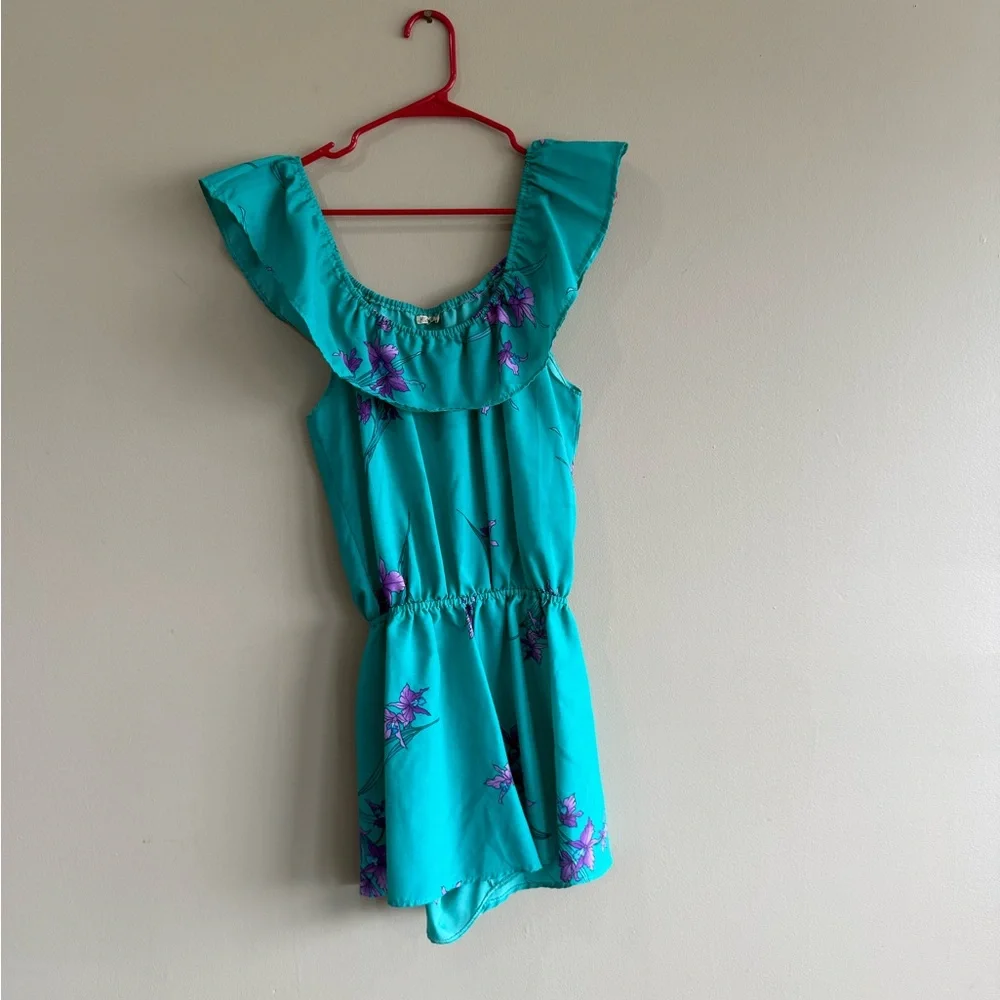 Turquoise Floral Ruffle Romper - Picture 1 of 6